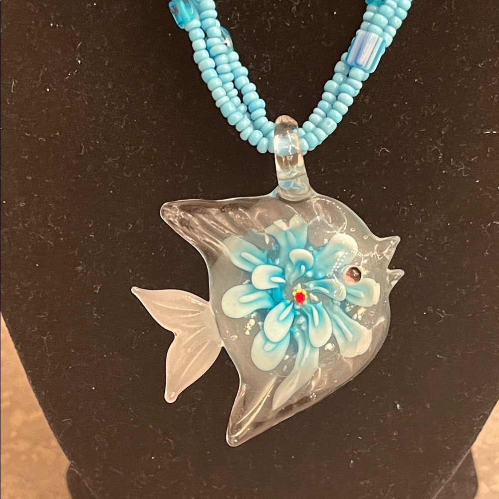 Blue Beaded Necklace with Glass Fish pendant